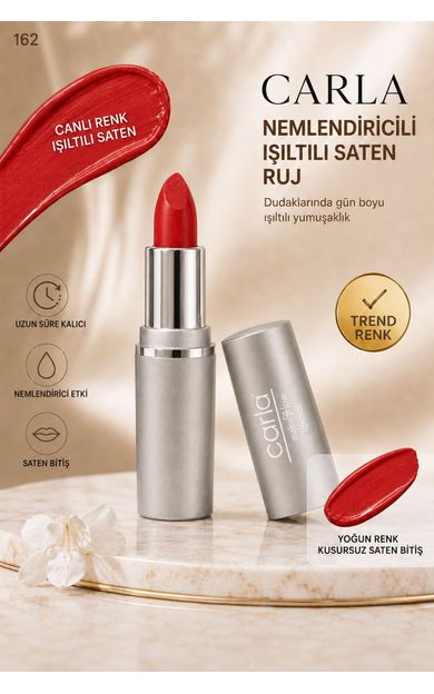 Carla Professional Make Up Nemlendiricili Işıltılı Saten Bitişli Ruj – LumiCare Lipstick No: 162 Klasik Kırmızı