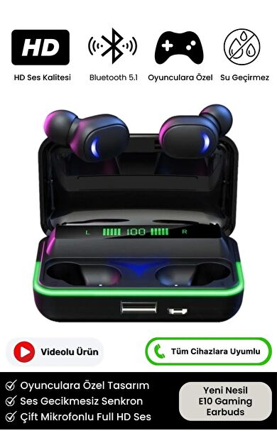 5.1 HD Ses Rgb Işıklı Çift Mikrofonlu 1200 Mah Powerbanklı Kablosuz E10 Oyuncu Bluetooth Kulaklık