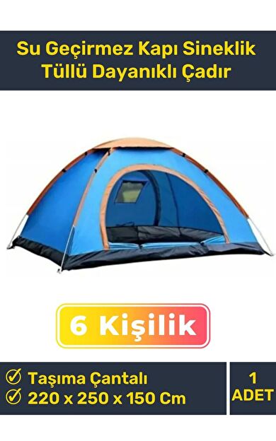 Premium Su Geçirmez Kapı Sineklik Tüllü Dayanıklı Kumaş Pratik Kolay Kurulum 6 Kişilik Kamp Çadırı