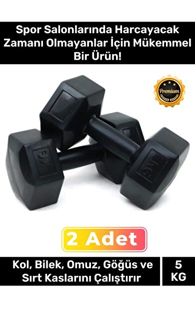 Plastik Köşeli Spor Egzersiz Vücut Kas Geliştirme Fitness Ağırlık Siyah 5 Kg Dambıl Set - 2 Adet