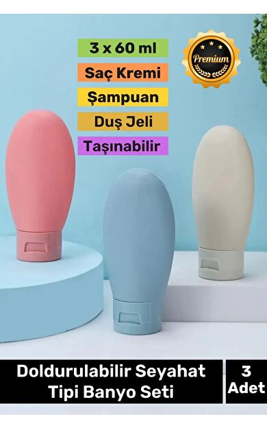 Premium Doldurulabilir Taşınabilir Krem Şampuan Jel 3 Adet 60ml Hijyenik Seyahat Tipi Banyo Seti