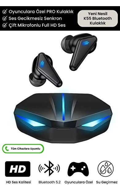 Özel RGB Işıklı K55 Tws Pro Extra Bass Mikrofonlu 3D Stereo Ses Bluetooth Kablosuz Oyuncu Kulaklık