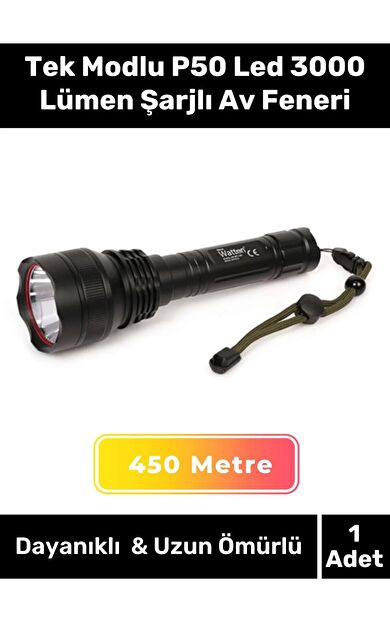 Profesyonel 450 Metre Menzilli Mat Beyaz Işıklı Tek Modlu P50 Led 3000 Lümen Şarjlı Av Feneri