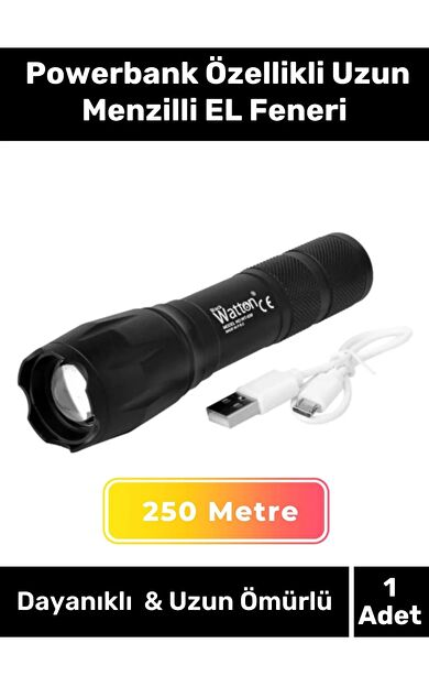 Deluxe Seri Beyaz Gün Işığı 3 Modlu 250 Metre Menzilli Powerbank Özellikli Uzun Menzilli EL Feneri