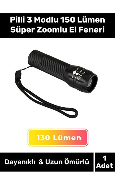 Özel Üretim 250 Metre Menzilli Beyaz Işık Pilli 3 Modlu 150 Lümen  Süper Zoomlu El Feneri
