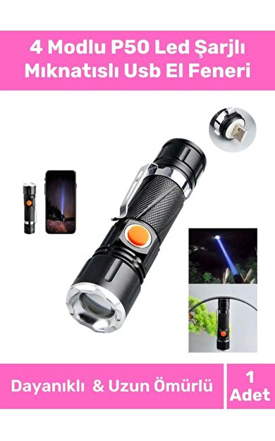 Özel Üretim Takma Aparatlı Dayanıklı Metal Alüminyum 4 Modlu P50 Led Şarjlı Mıknatıslı Usb El Feneri