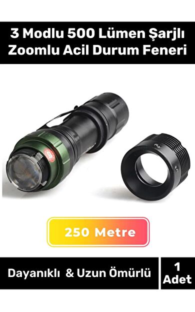 Premium Üretim Beyaz Işık 250 Metre Menzilli 3 Modlu 500 Lümen Şarjlı Zoomlu Acil Durum Feneri