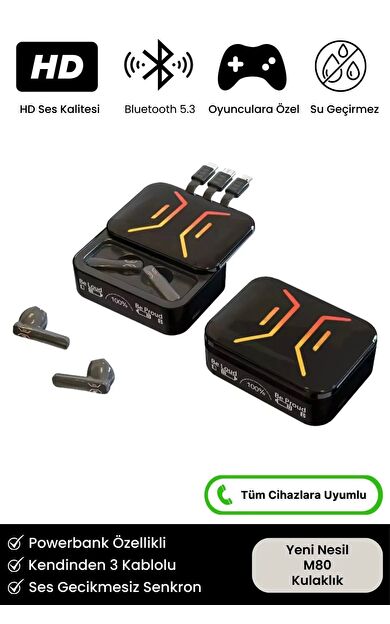 9D Stereo Ses Ios Android Uyumlu Dokunmatik M80 Powerbank Özellikli 5.3 Bluetooth Kablosuz Kulaklık