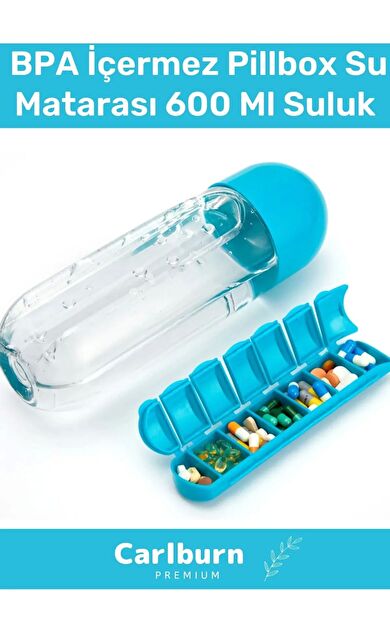 Özel Üretim Hap Bölmeli İlaç Kutusu %100 BPA İçermez Pillbox Su Matarası 600 Ml Suluk