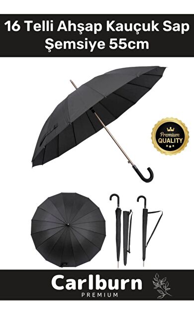 Premium Otomatik Mekanizma Baston Tip Rüzgar Korumalı Fiber 16 Telli Ahşap Kauçuk Sap Şemsiye 55cm
