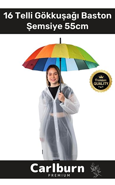 Premium Otomatik Mekanizma Baston Tip Rüzgar Korumalı Fiber 16 Telli Gökkuşağı Baston Şemsiye 55cm