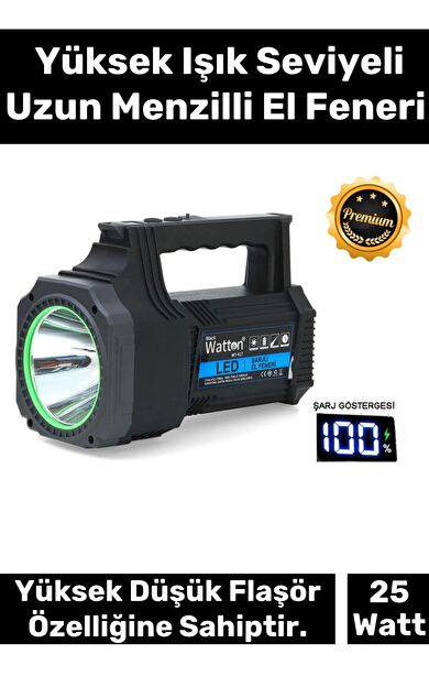 Premium 5200mAh Bataryalı 3 Modlu 21cm Uzunluk Beyaz Aydınlatma 25W Led Şarjlı El Feneri