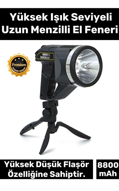 Premium 5 Modlu 8800 mAh Beyaz Aydınlatmalı 18.5cm Uzunluk Askılı Tripod Şarjlı Güvenlik Feneri