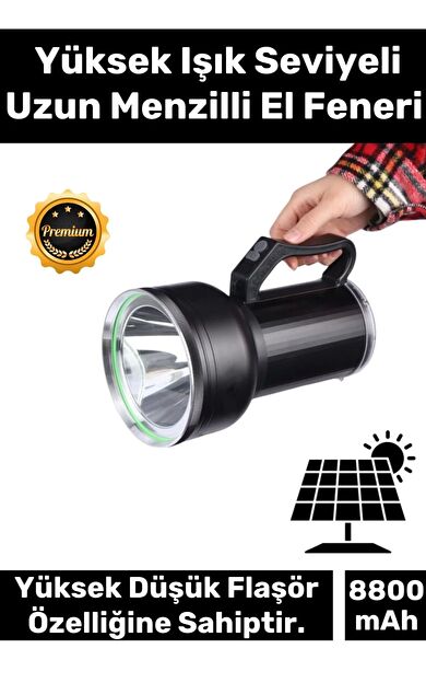Premium 5 Modlu GT Led Taşınabilir Beyaz Işık 8800 mAh Akülü 23cm Güneş Solar Ledli Fener Aydınlatma