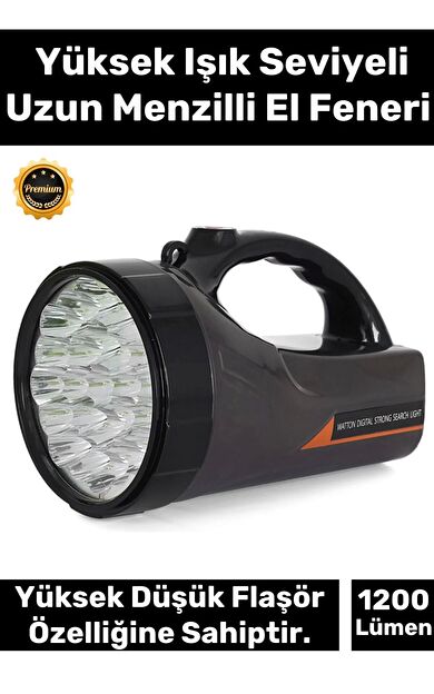 Premium 3 Modlu Beyaz Işıklı 75W Şarjlı Taşıma Askılı 300 Metre Mesafe 1200 Lümen 25 Ledli El Feneri