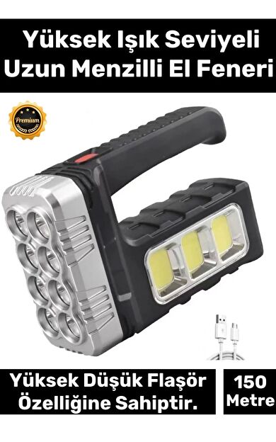 Premium 3 Modlu 150 Metre Mesafeli Işık Usb Şarjlı Solar Panelli Ledli El Fener Aydınlatma