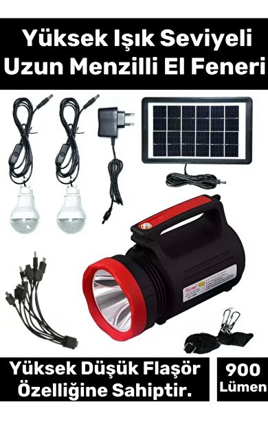 Premium Beyaz Aydınlatmalı Telefon Şarj Edilen Solar Güneş Enerji Fener Işıldak 2 Florasan Led Ampül