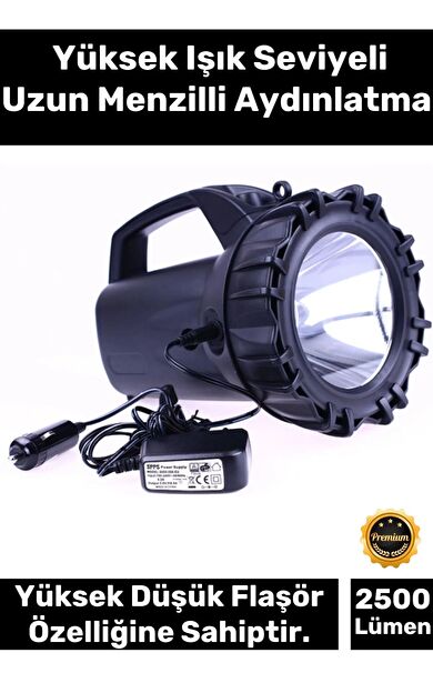 Premium 3 Modlu 2500 Lümen 600 Metre Menzilli Beyaz Aydınlatma Power Led Şarjlı 50 W Büyük Fener