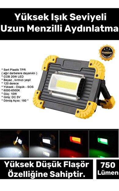 Premium 3 Mod Su Geçirmez 180 Derece Dönebilen 4400 Lityhum Pil 750 Lümen Powerbank Şarjlı Işıldak