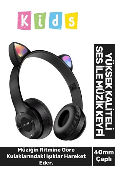 Gürültü Engelleyen Kız Erkek Çocuk Kedi Kulaklı Işıklı Mikrofonlu Kablosuz Bluetooth Kedili Kulaklık