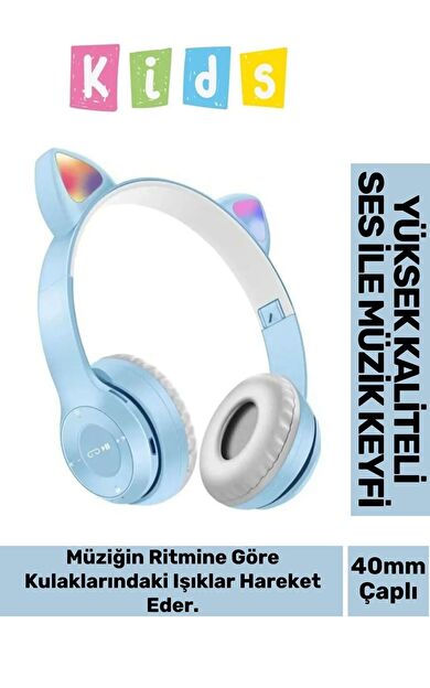 Gürültü Engelleyen Kız Erkek Çocuk Kedi Kulaklı Işıklı Mikrofonlu Kablosuz Bluetooth Kedili Kulaklık