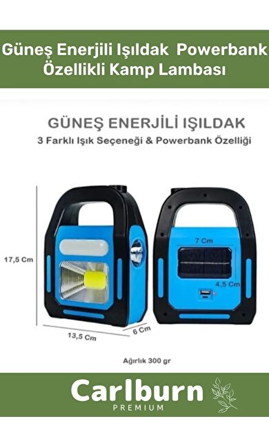 Özel Üretim Darbeye Dayanıklı 300 Gram Usb Güneş Enerjili Işıldak Powerbank Özellikli Kamp Lambası