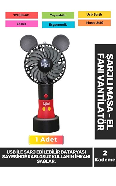Sessiz 2 Kademeli Hafif Kablosuz 1200mAh Pervaneli Taşınabilir Usb Şarjlı Masa El Fanı Vantilatör
