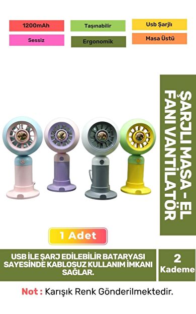 Sessiz 2 Kademeli Hafif Kablosuz 1200mAh Pervaneli Taşınabilir Usb Şarjlı Masa El Fanı Vantilatör