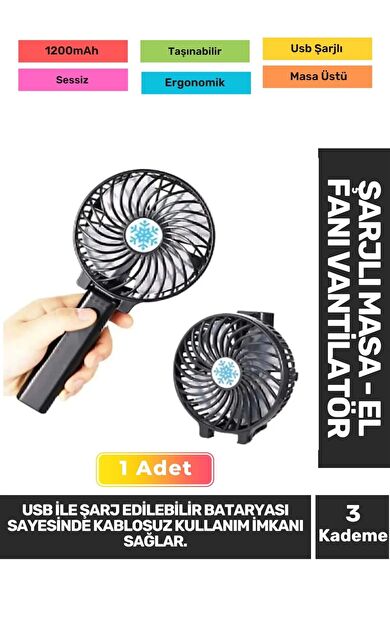 Sessiz 3 Kademeli Hafif Kablosuz 1200mAh Pervaneli Taşınabilir Usb Şarjlı Masa El Fanı Vantilatör