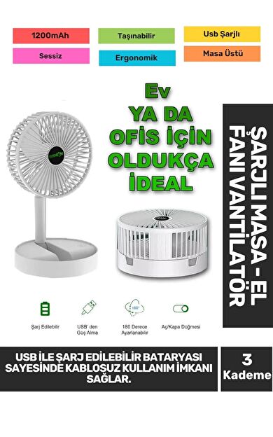 Sessiz 3 Kademeli Hafif Kablosuz 1200mAh Pervaneli Taşınabilir Usb Şarjlı Masa El Fanı Vantilatör