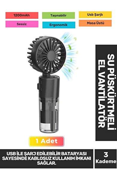 Sessiz 3 Kademeli Hafif Kablosuz Su Püskürtmeli Taşınabilir Usb Şarjlı Masa El Fanı Vantilatör