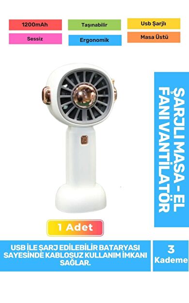 Sessiz 3 Kademeli Hafif Kablosuz 1200mAh Pervaneli Taşınabilir Usb Şarjlı Masa El Fanı Vantilatör