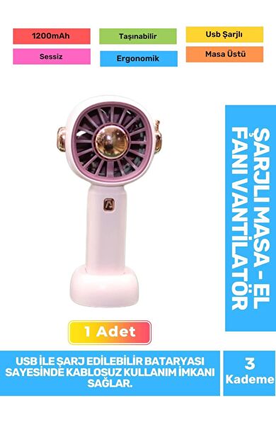 Sessiz 3 Kademeli Hafif Kablosuz 1200mAh Pervaneli Taşınabilir Usb Şarjlı Masa El Fanı Vantilatör