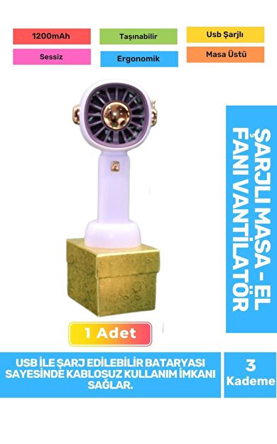Sessiz 3 Kademeli Hafif Kablosuz 1200mAh Pervaneli Taşınabilir Usb Şarjlı Masa El Fanı Vantilatör