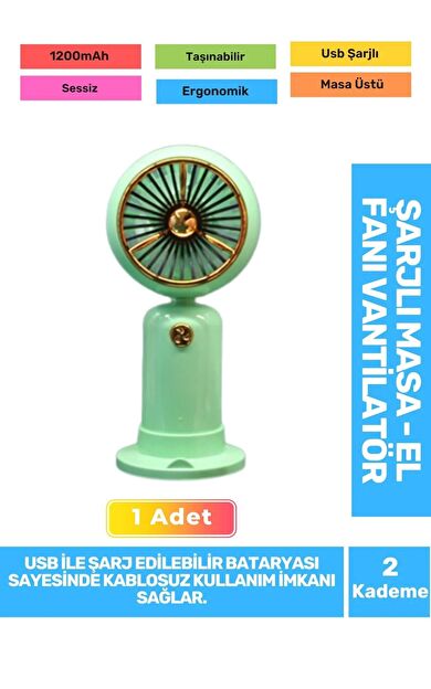 Sessiz 2 Kademeli Hafif Kablosuz 1200mAh Pervaneli Taşınabilir Usb Şarjlı Masa El Fanı Vantilatör