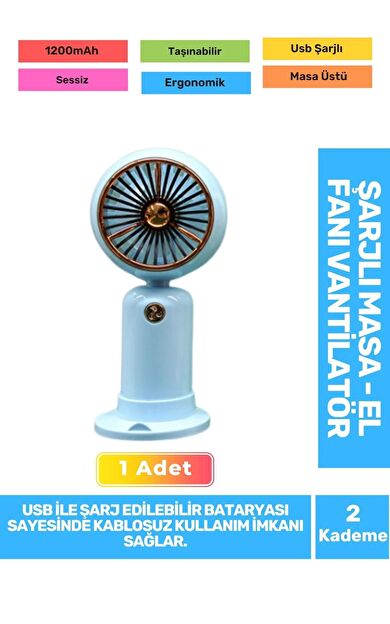 Sessiz 2 Kademeli Hafif Kablosuz 1200mAh Pervaneli Taşınabilir Usb Şarjlı Masa El Fanı Vantilatör