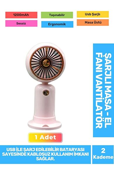 Sessiz 2 Kademeli Hafif Kablosuz 1200mAh Pervaneli Taşınabilir Usb Şarjlı Masa El Fanı Vantilatör