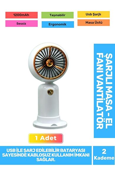 Sessiz 2 Kademeli Hafif Kablosuz 1200mAh Pervaneli Taşınabilir Usb Şarjlı Masa El Fanı Vantilatör