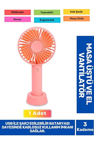 Sessiz 3 Kademeli Hafif Kablosuz 1200mAh Pervaneli Taşınabilir Usb Şarjlı Masa El Fanı Vantilatör