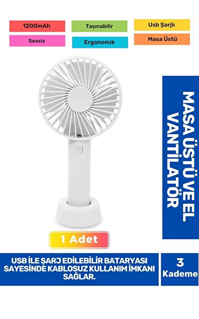 Sessiz 3 Kademeli Hafif Kablosuz 1200mAh Pervaneli Taşınabilir Usb Şarjlı Masa El Fanı Vantilatör