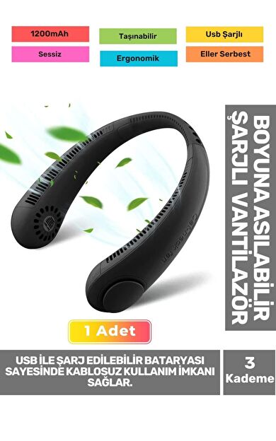 Premium Sessiz Sarı Eller Serbest Boyuna Asılabilir Şarjlı 3 Kademeli Vantilatör Klima Soğutucu Fan