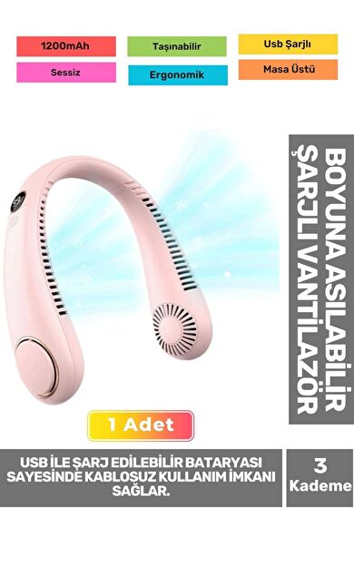 Premium Sessiz Sarı Eller Serbest Boyuna Asılabilir Şarjlı 3 Kademeli Vantilatör Klima Soğutucu Fan