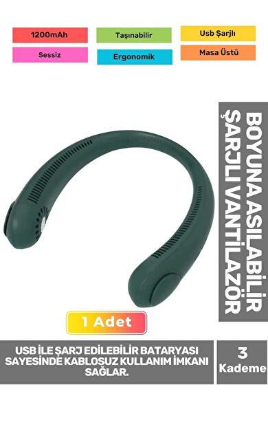 Premium Sessiz Sarı Eller Serbest Boyuna Asılabilir Şarjlı 3 Kademeli Vantilatör Klima Soğutucu Fan