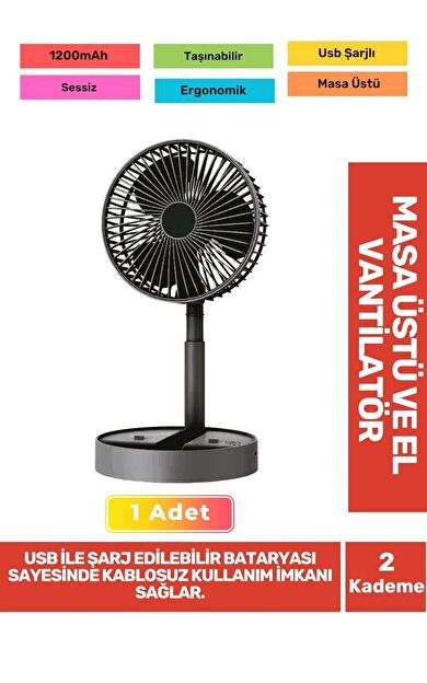 Sessiz 3 Kademeli Hafif Kablosuz 1200mAh Pervaneli Taşınabilir Usb Şarjlı Masa El Fanı Vantilatör