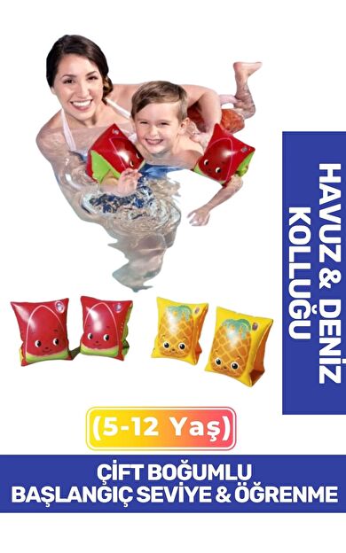 Meyve Desenli Başlangıç Seviye Çift Boğumlu 5-12 Yaş Çocuk Deniz Havuz Yüzme Öğrenme Şişme Kolluğu