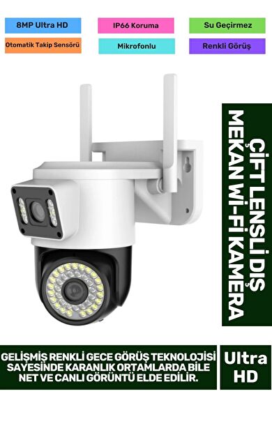 8MP Ultra HD 355° Yatay 90° Dikey Çift Lensli Otomatik Takip Dış Mekan Wi-Fi Mobil İzlenen Kamera