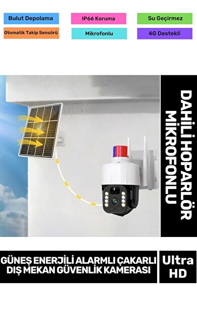 IP66 Suya Karşı Koruma Renkli Gece Görüşlü Güneş Enerjili Alarmlı Çakarlı Dış Mekan Güvenlik Kamera