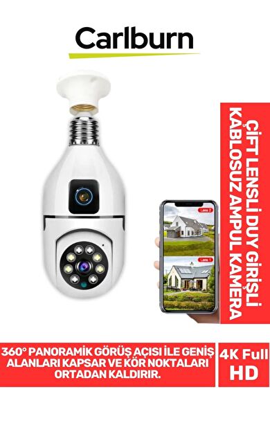 360° Panoramik Görüş 4K Full HD Çift Lensli E27 Duy Girişli 8 MP Kablosuz Ampul Kamera