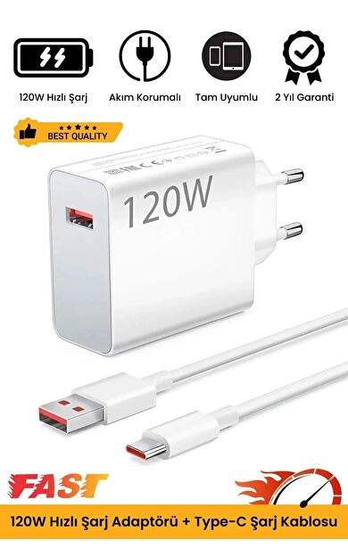 Premium 120W Ultra Hızlı Şarj Seti Adaptör + Type C Kablosu Tüm Telefonlara Uyumlu Şarj Cihazı