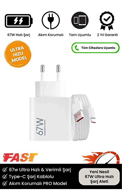 Premium 67W Ultra Hızlı Şarj Seti Adaptör + Type C Kablosu Tüm Telefonlara Uyumlu Şarj Cihazı